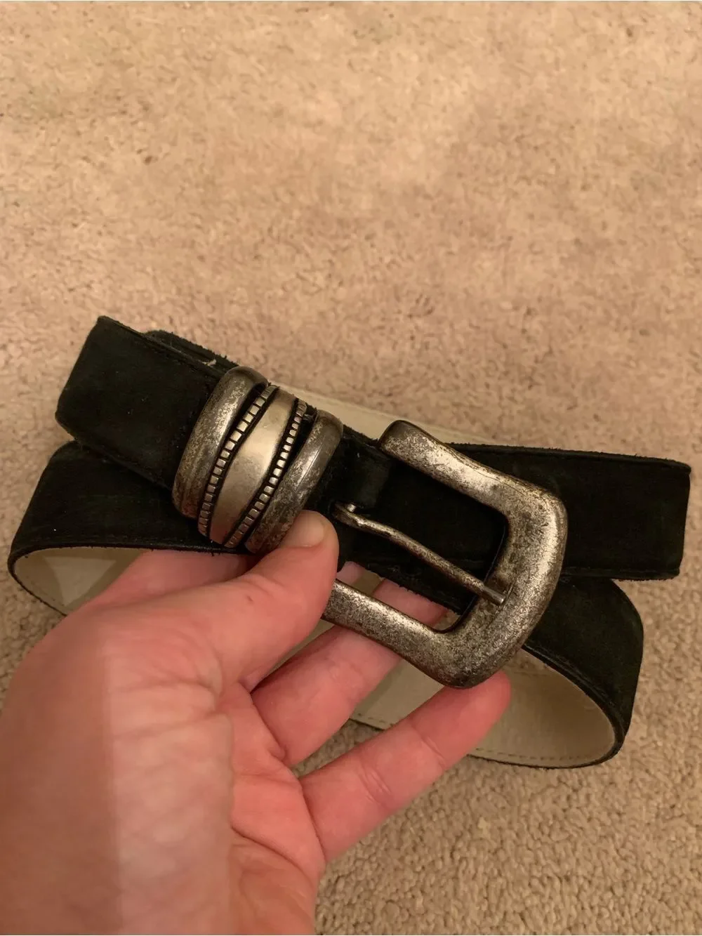 Vintage Black Suede Belt with Antiqued Silver Buckle